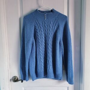 Karen Scott | Blue Cable Knit Crewneck Sweater With Pearl Buttons | XL